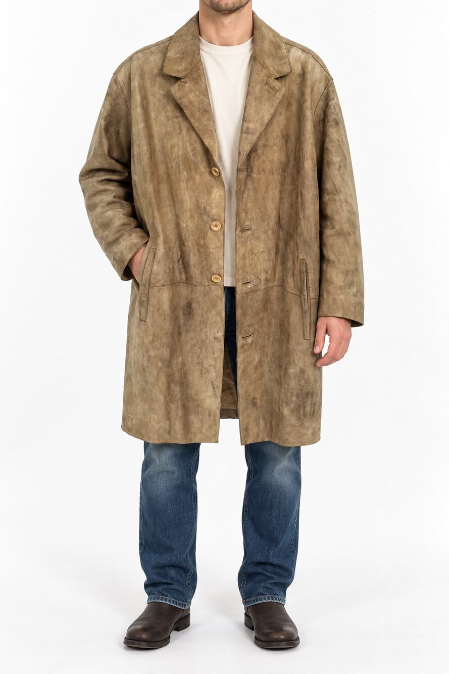 Genesis by Schott Men's Size XL Tan Brown Genuine Leather Long Car Coat Jacket